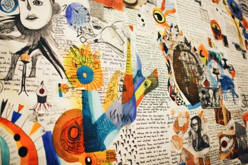 A close-up photograph of a wall showcasing a wide range of pictures, Close-up of a student's notes filled with doodles and information, AI Generated