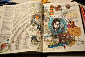 An open book featuring a detailed drawing of a womans face on its pages, Close-up of a student's notes filled with doodles and information, AI Generated