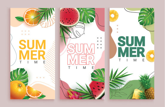 Summer time vector poster set design. Summer time text with orange, watermelon, dragon fruit and pineapple tropical fruits elements. Vector illustration summer time greeting postcard.