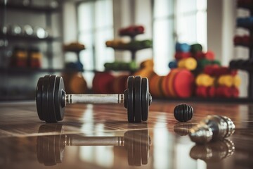 A pair of dumbs placed on a wooden floor, creating a simple and minimalist composition, Close-up of dumbbells and fitness equipment, AI Generated