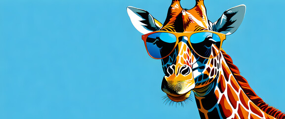 A giraffe wearing translucent sunglasses isolated on a sky blue background. Stylish illustration.