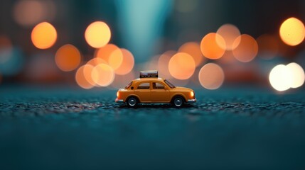 Miniature yellow taxi car with bokeh background, transportation concept