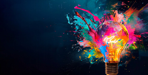 Creative light bulb explodes with colorful paint splashes. Brainstorming concept. Banner