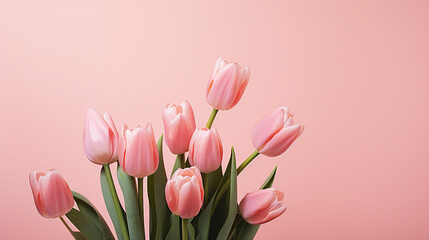 Beautiful Bouquet of Pink Tulips on a Soft Pink Background, Capturing the Elegance of Spring Blooms in a Vibrant Floral Arrangement Ideal for Celebrations and Festive Occasions