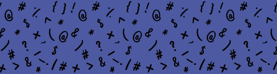 pattern with the image of keyboard symbols. Punctuation marks. Template for applying to the surface. blue violet background. Template for interior design, websites or promotional materials.