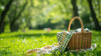 A picnic basket stands on green grass against a beautiful garden, panorama