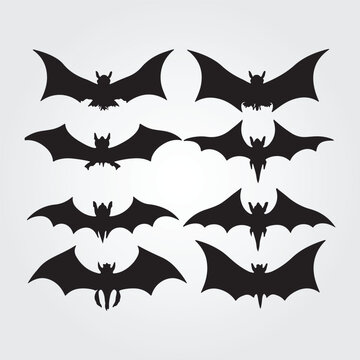  silhoBats horror set. Sticker with black mouse for Halloween decorations. Simple icon with animal from different sides flies, hangs, sleep. Cartoon flat vector collection isolated on white background
