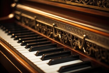 A detailed view of a piano keyboard showcasing a multitude of keys, Close-up of the keys on an...