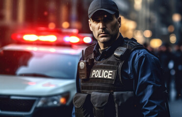 Obraz premium Portrait of a police officer standing from behind at night with a parked police car in the background