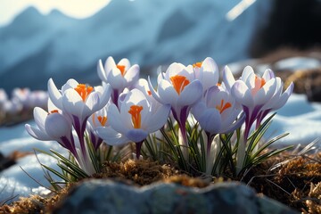 Crocuses in the mountains. Generative AI.