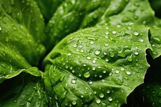 A captivating image capturing the vibrant green leaves as they sparkle with the presence of fresh water droplets, Close-up of water droplets on organic leafy green vegetables, AI Generated