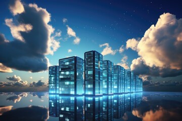A group of towering structures gracefully situated on top of a calm and peaceful body of water, Cloud computing concept with enormous server racks floating in the sky, AI Generated