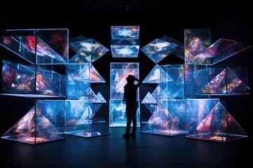A person standing in front of a wall made up of cubes stacked together, Cluster of holographic projections transformed into an abstract display, AI Generated