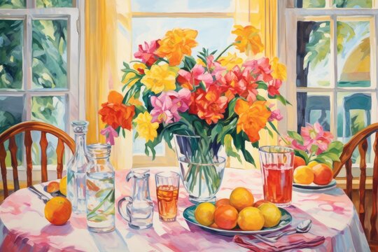 A still-life painting featuring a vibrant arrangement of flowers and oranges on a tabletop, Colorful and bright painting of a brunch setting for a Mothers Day celebration, AI Generated