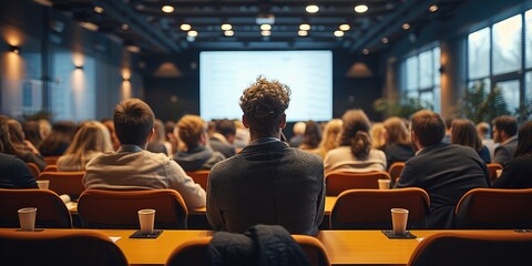 People in a conference room listening to a speaker, Rear view. Generative AI.