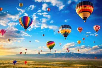 Hot Air Balloons Soaring Through the Sky in Colorful Display of Flight, Colorful hot air balloons filling the skies over Albuquerque, New Mexico, AI Generated