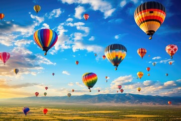 Obraz premium Hot Air Balloons Soaring Through the Sky in Colorful Display of Flight, Colorful hot air balloons filling the skies over Albuquerque, New Mexico, AI Generated