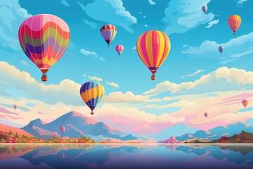 Naklejka premium A breathtaking scene of vibrant hot air balloons gracefully floating above a tranquil lake, Colorful hot air balloons floating in a cloudless blue sky, AI Generated