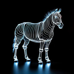 Fototapeta na wymiar Zebra black and white neon on black background.