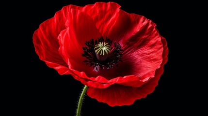 Vibrant red poppy blossom on dramatic black background - symbol of remembrance day, armistice day, Anzac day - obrazy, fototapety, plakaty