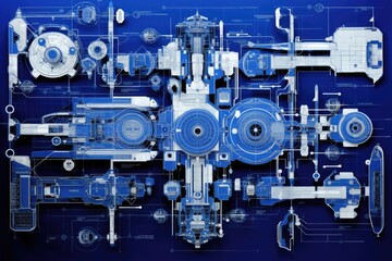 A detailed blueprint drawing showcasing a machine filled with gears and wheels, Complex blueprints of a drone illustrated abstractly, AI Generated - obrazy, fototapety, plakaty