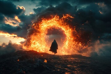 Demon emerging from fiery portal in hellish landscape, a nightmarish and infernal creature summoned. - obrazy, fototapety, plakaty