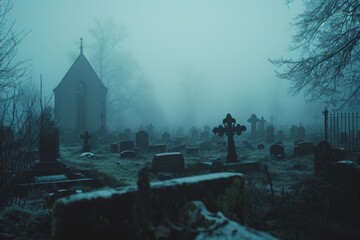 Eerie shadows moving through misty graveyard fog, a chilling and ghostly dance in the spectral mist. - obrazy, fototapety, plakaty
