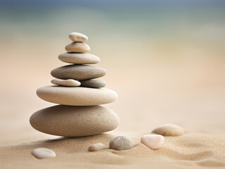 Fototapeta na wymiar Tower of zen stones on paradise beach balance concept