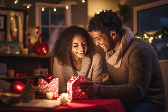 Interracial couple exchanging gifts on Valentine Day. African-American man expresses love for woman sitting at home in festively decorated room