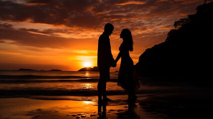 Fototapeta premium Silhouette of a loving couple holding hands on a sandy beach at sunset with colorful sky and ocean waves