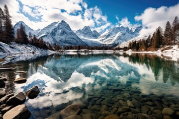 Fototapeta na wymiar A serene mountain lake glistens amidst a breathtaking backdrop of snow-capped mountains, Crystal clear lake reflecting snow-capped mountains, AI Generated