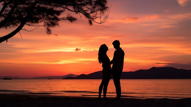 Silhouette of a loving couple holding hands on a sandy beach at sunset with colorful sky and ocean waves