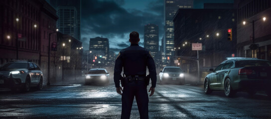 Portrait of a police officer standing from behind at night with a parked police car in the background - obrazy, fototapety, plakaty