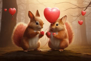 Tuinposter Two adorable squirrels hold a heart-shaped balloon, representing love and unity, Cute animals playing with Valentine's Day heart balloons, AI Generated © Iftikhar alam