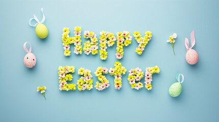Pastel-colored Happy Easter text made of flowers with decorative eggs on a blue background, suitable for an Easter greeting card or advertisement