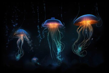 A mesmerizing sight of numerous jellyfish effortlessly drifting in the water, Deep-sea creatures communicating via bioluminescence, AI Generated