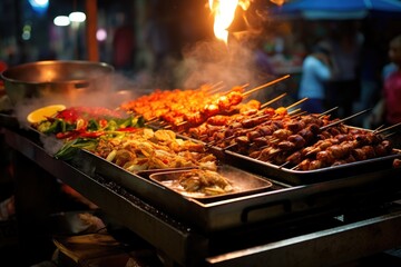 A variety of delicious food items are being cooked on a grill, ready for a mouthwatering meal, Delicious street food from a bustling city market, AI Generated