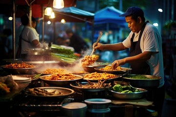 A man is shown cooking food on top of a grill, creating delicious meals for a gathering or outdoor...