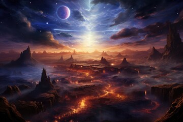 A mesmerizing view of a magical fantasy landscape illuminated by a dazzling beam of celestial light, Depiction of the universe's vast expanse with abstract cosmic forms, AI Generated