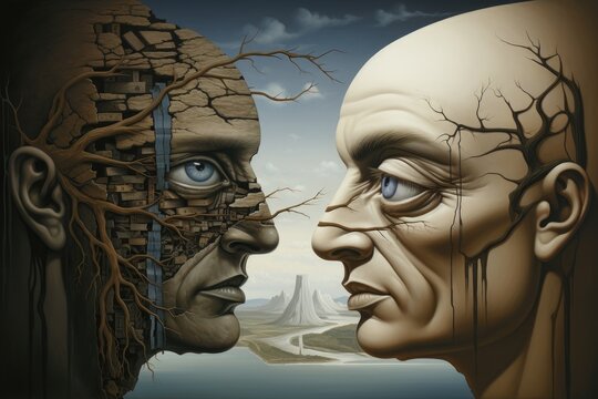 An art piece capturing the moment as two individuals face each other in intense conversation, Depict the duel of instincts and intellect with contrasting shades, AI Generated