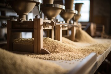 In this image, a bunch of grain is being milled into a machine to undergo a series of operations for processing the raw grain, Detail of an organic grain mill operation, AI Generated