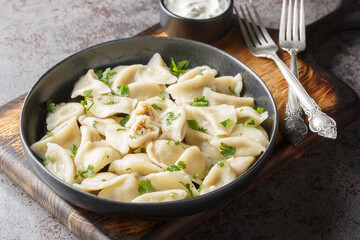 Homemade Polish dumplings small pierogi or uszka filled with mushrooms and cabbage closeup on the plate on the table. Horizontal