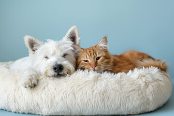 Obraz premium White dog and ginger cat lying in a recliner best friends on a blue background