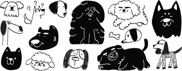 Set of cute dogs clipart vector. Lovely dog and friendly puppy doodle pattern in different poses and breeds with black color. Adorable funny pet and many characters hand drawn collection. © TWINS DESIGN STUDIO