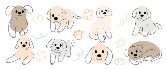 Obraz premium Set of cute dogs clipart vector. Lovely dog and friendly puppy doodle pattern in different poses and breeds with flat color. Adorable funny pet and many characters hand drawn collection.