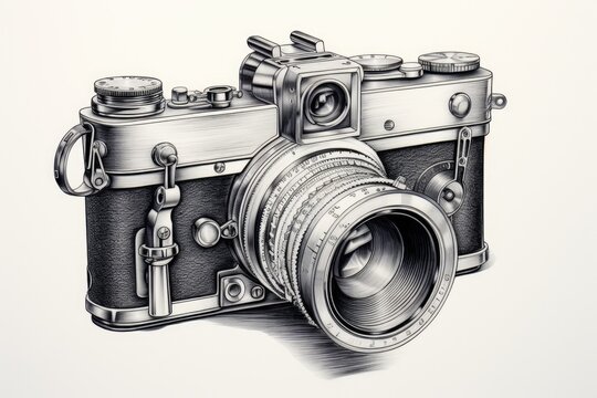 A straightforward illustration of a camera, perfect for graphic design and photography enthusiasts, Detailed sketch of iconic vintage camera, AI Generated