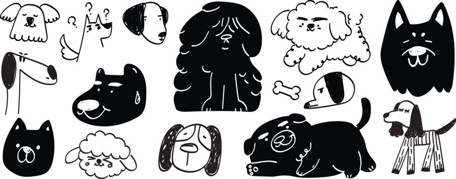 Naklejki Set of cute dogs clipart vector. Lovely dog and friendly puppy doodle pattern in different poses and breeds with black color. Adorable funny pet and many characters hand drawn collection.