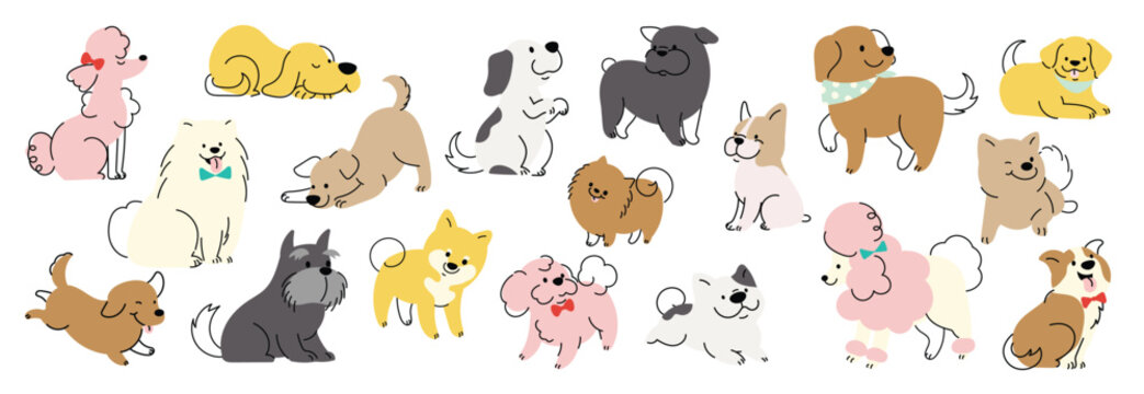 Naklejki Set of cute dogs clipart vector. Lovely dog and friendly puppy doodle pattern in different poses and breeds with flat color. Adorable funny pet and many characters hand drawn collection.