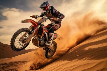 Witness the exhilaration of a person navigating a dirt bike through the vast and rugged desert landscape, Dirt bike jumping over a sand dune in a desert, AI Generated - obrazy, fototapety, plakaty