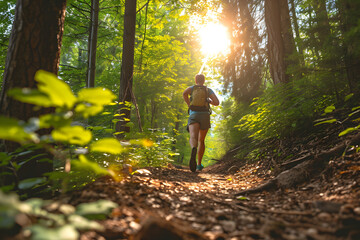 Naklejka na ściany i meble Outdoor Runner in Forest with Sun Streaming Down
